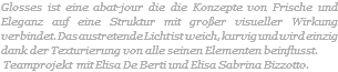 Glosses ist eine abat-jour die die Konzepte von Frische und Eleganz auf eine Struktur mit großer visueller Wirkung verbindet. Das austretende Licht ist weich, kurvig und wird einzig dank der Texturierung von alle seinen Elementen beinflusst. Teamprojekt mit Elisa De Berti und Elisa Sabrina Bizzotto.