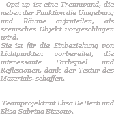  Opti up ist eine Trennwand, die neben der Funktion die Umgebung und Räume aufzuteilen, als szenisches Objekt vorgeschlagen wird. Sie ist für die Einbeziehung von Lichtpunkten vorbereitet, die interessante Farbspiel und Reflexionen, dank der Textur des Materials, schaffen. Teamprojekt mit Elisa De Berti und Elisa Sabrina Bizzotto.
